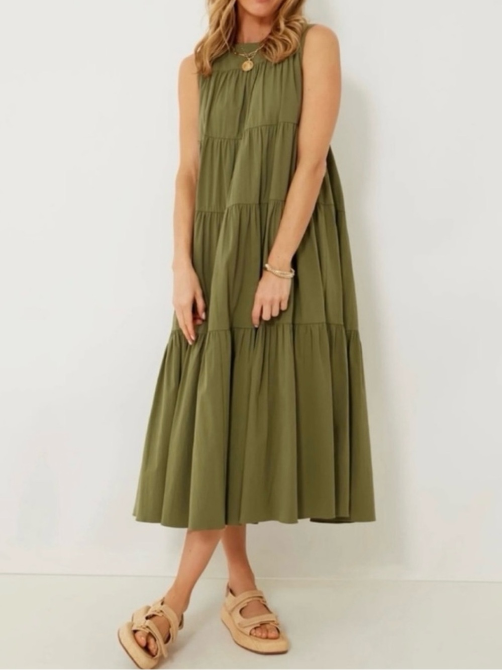 Tuckernuck Army Green Carmen Dress POMANDER PLACE Tiered Maxi Midi Minimalist